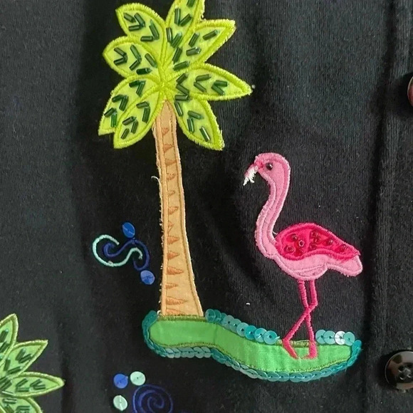 Y2K Michael Simon Cardigan Sweater Large Black Embroidered Flamingo Palm Tree S - Picture 8 of 8
